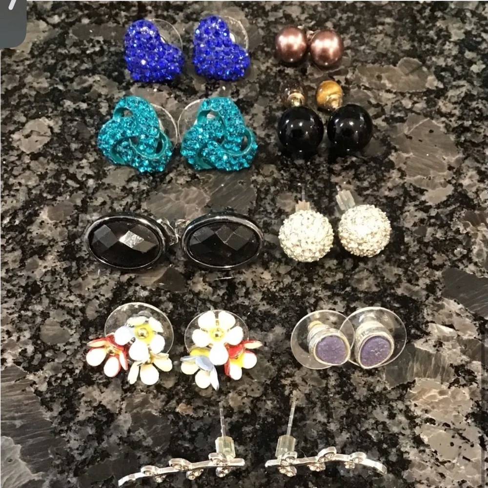 Costume Jewelry Set of 9 Women's Stud Earring Set - Black, Blue, Gold, Silver